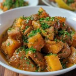 A bowl of Mocotó Tradicional, a hearty stew with beans, potatoes, carrots, and meat, sits on a red and white checkered napkin.
