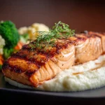 Filetes de salmão grelhado com purê de couve-flor trufado em um prato rústico.