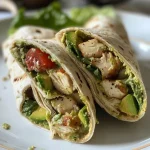 Wraps de frango com iogurte e abacate, vista lateral, mostrando camadas suculentas.