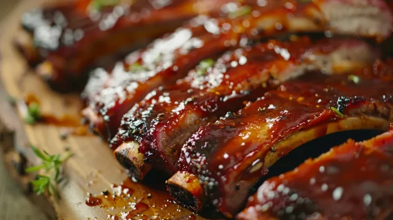 Close-up of juicy Costelinha suína na pressão, showcasing its tender meat and rich seasoning.