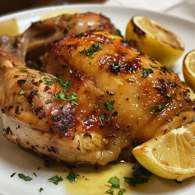 Uma Explosão de Sabor: Frango Assado com Limão e Alho que Encanta! Frango assado dourado com limão e alho em um prato.