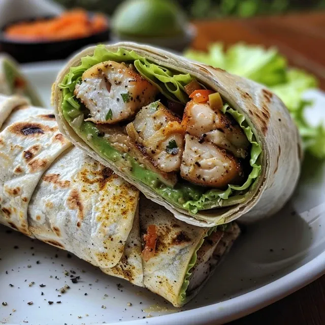 Close-up de wraps feitos com peito de frango, abacate e iogurte, destacando suas cores vibrantes.