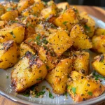 Batata assada crocante com queijo parmesão, vista lateral.
