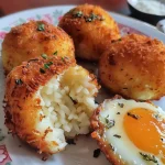 Close-up of crispy Bolinho de Arroz, showcasing its golden-brown exterior.
