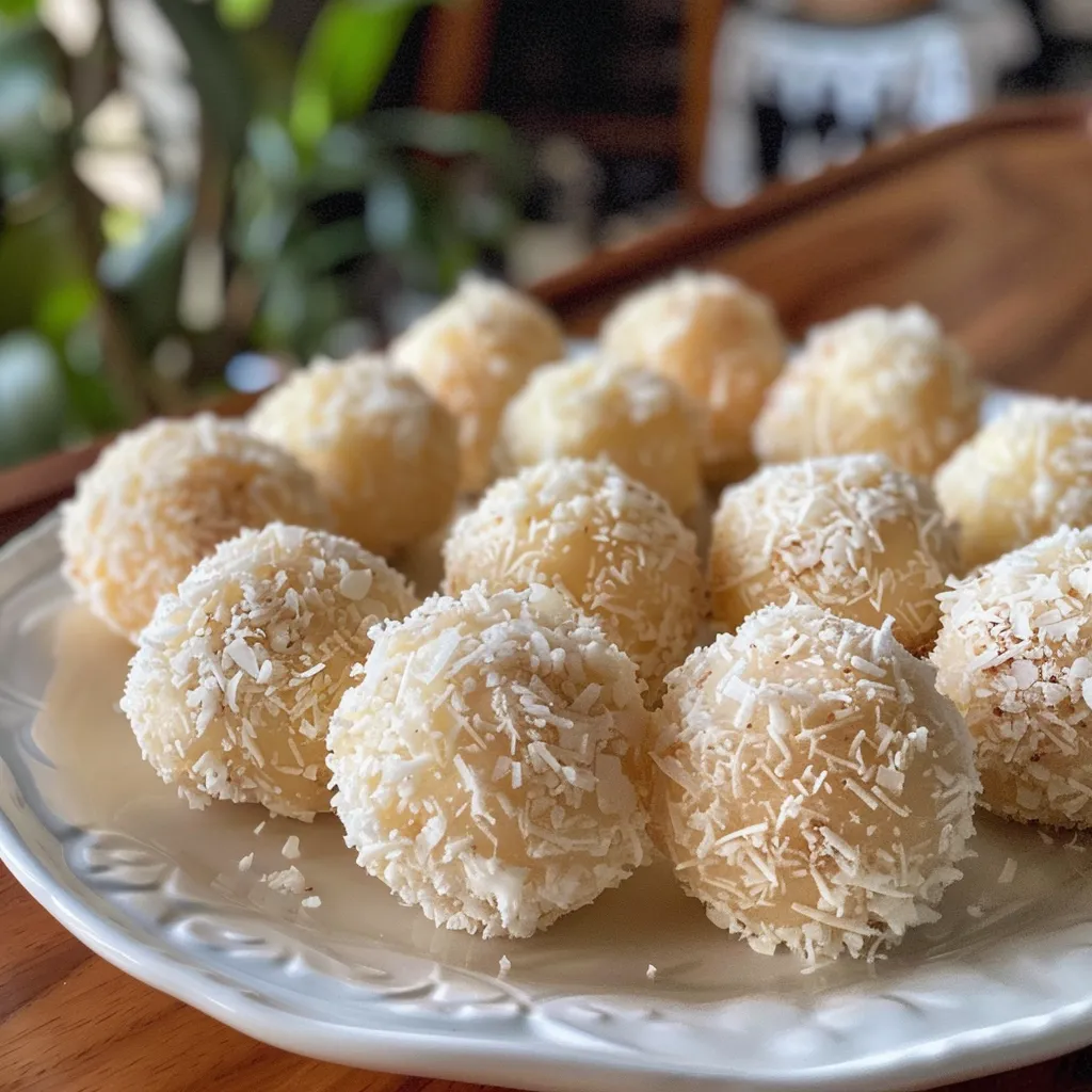 Close-up de bombons de coco envoltos em chocolate, mostrando avelãs no interior.