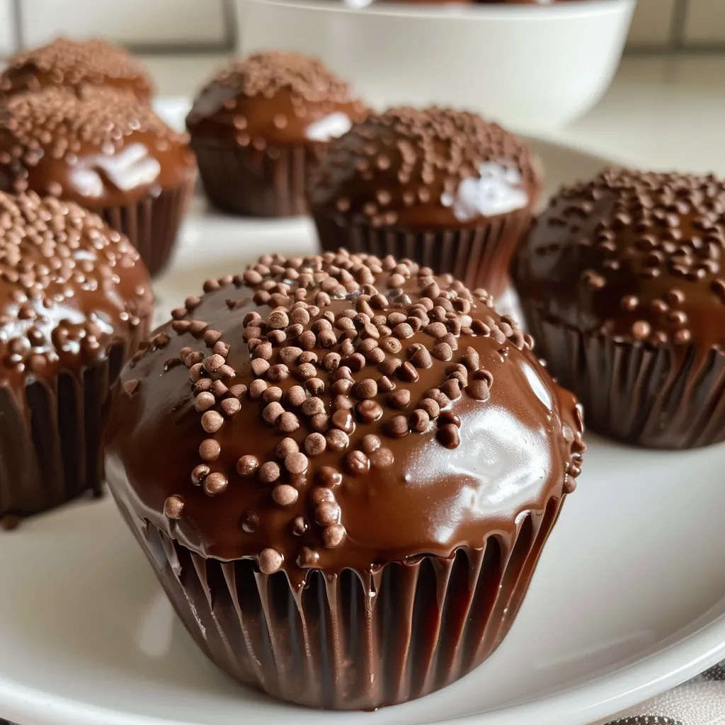 Side view of brigadeiro fit sem açúcar, highlighting its rich chocolate coating and shiny appearance.