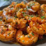 Close-up view of a plate of Camarão Alho e Óleo with shrimp, garlic, and oil.