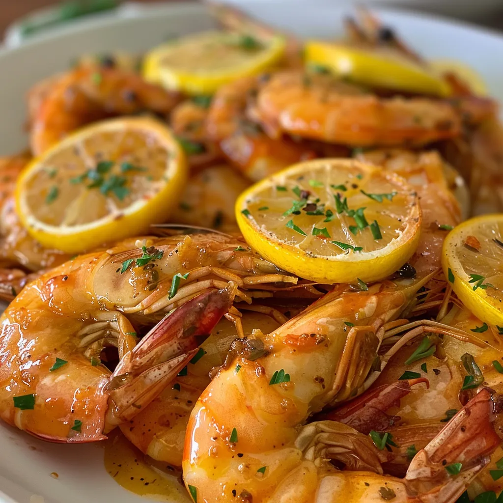 Juicy shrimp cooked in garlic and oil, served on a white plate.