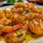 Close-up of juicy Camarão ao Alho e Óleo garnished with parsley.