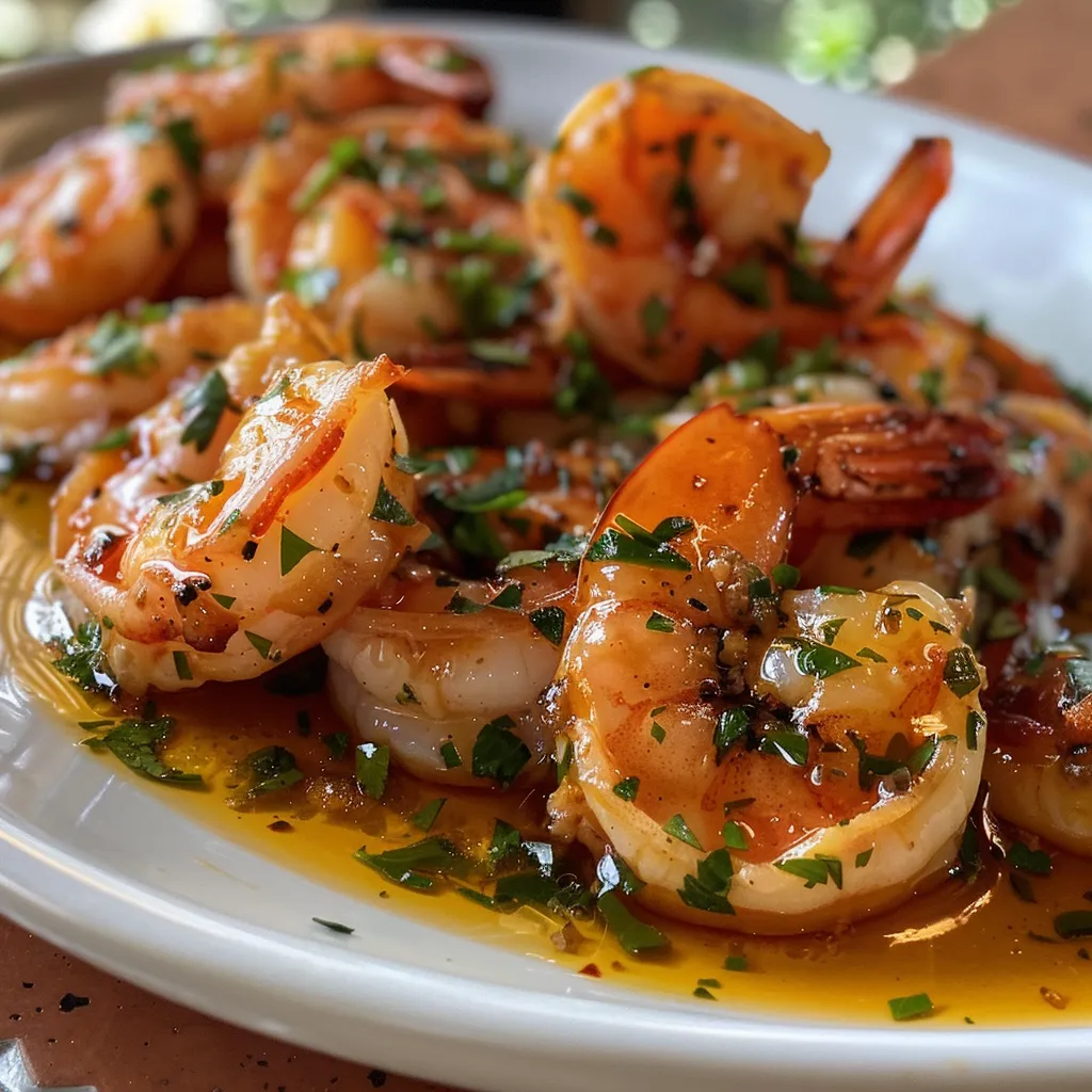 Side view of shrimp sautéed in garlic and olive oil, served in a dish.