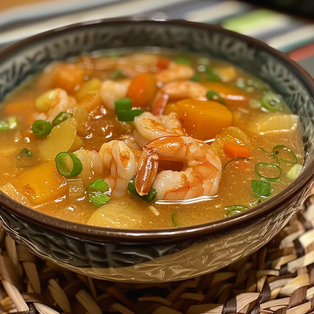 Side view of succulent shrimp in Asian-style sauce, garnished with green onions.
