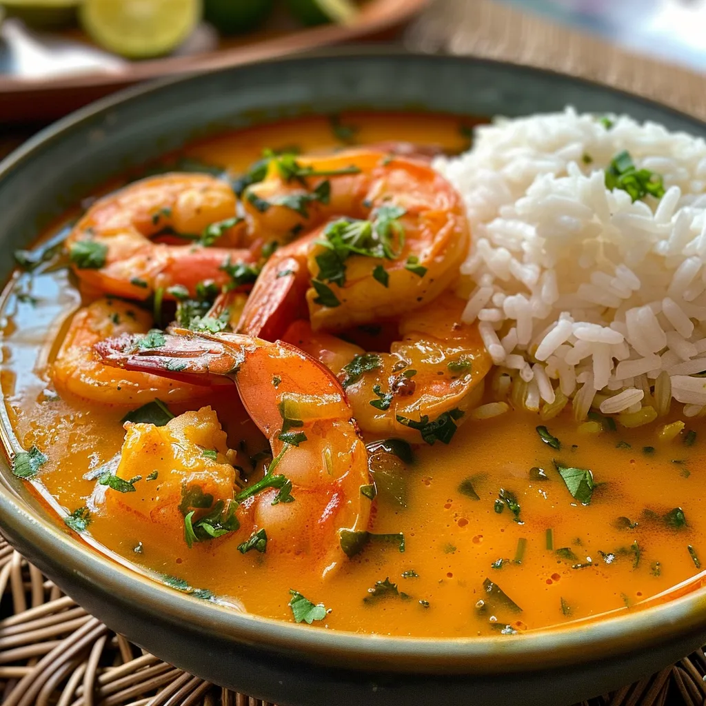 Side view of sautéed shrimp with garlic and lemon, served with rustic bread.