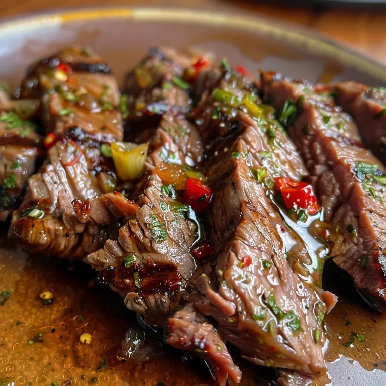 Close-up of Carne Assada com Pimentão e Azeitonas, showcasing vibrant peppers and juicy meat.