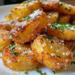 Close-up of crispy potato peels seasoned with rosemary on a white plate.
