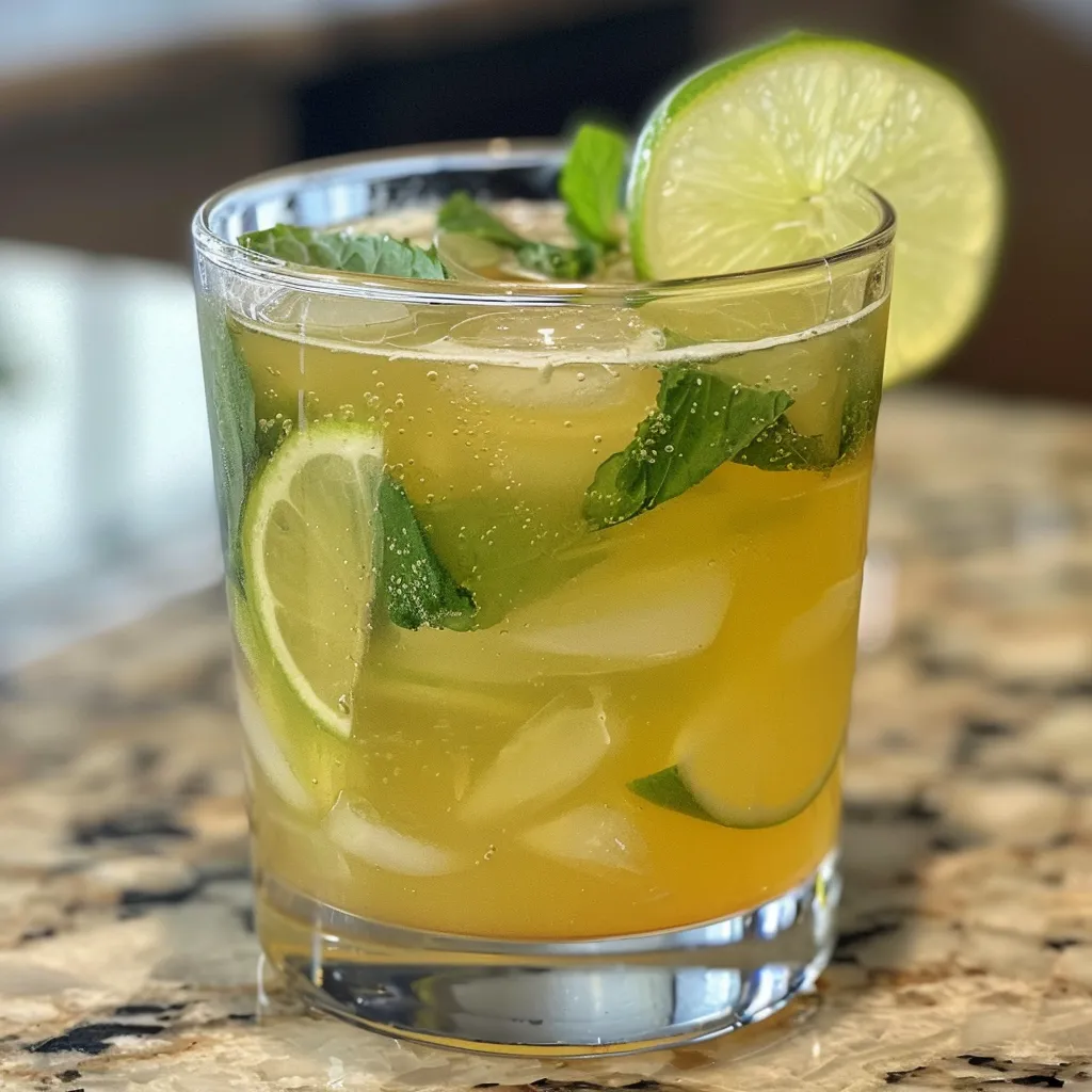 Side view of a chilled Cocktail de Gin, Hortelã e Limão with fresh mint.