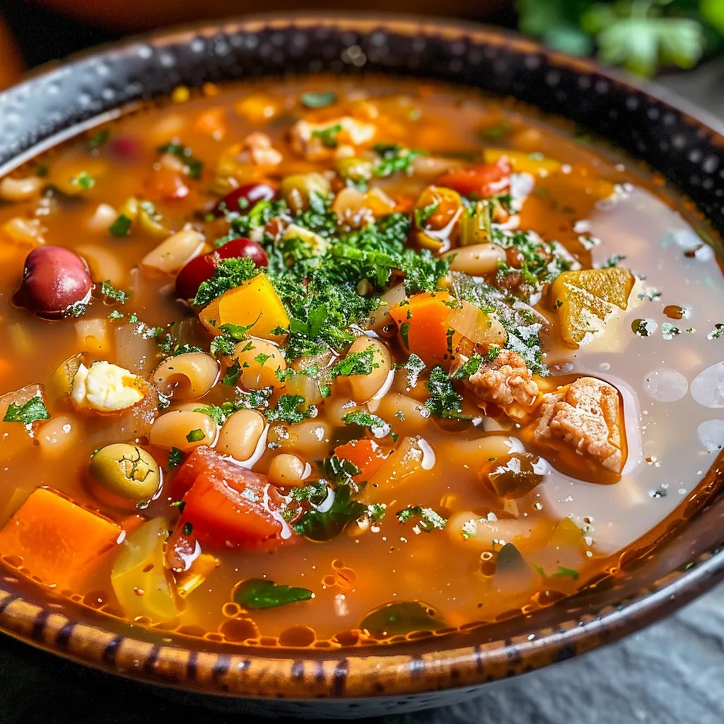 Side view photo of a vibrant soup filled with legumes, vegetables, and garnished with herbs.