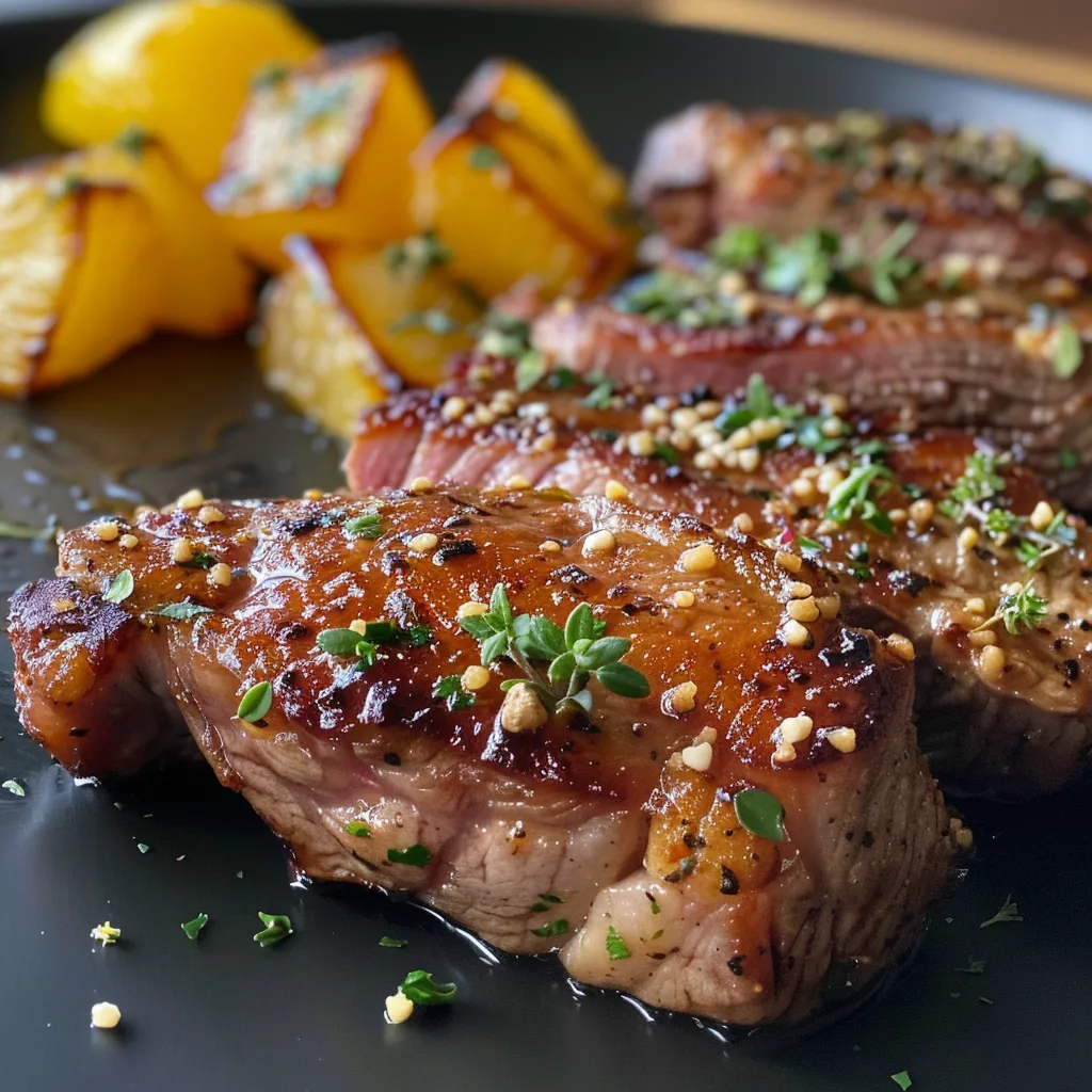Side view of a succulent pork filet, glistening with a rich beer marinade.