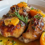 Frango assado com laranja e alecrim em close-up, mostrando a carne suculenta e os ingredientes frescos.