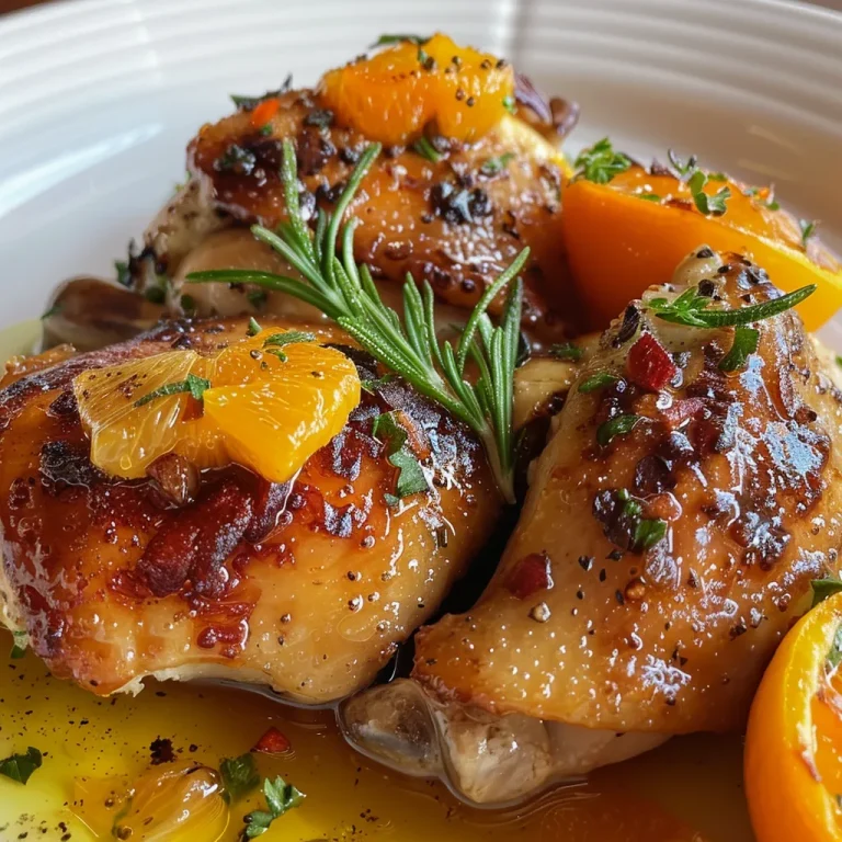 Frango assado com laranja e alecrim em close-up, mostrando a carne suculenta e os ingredientes frescos.