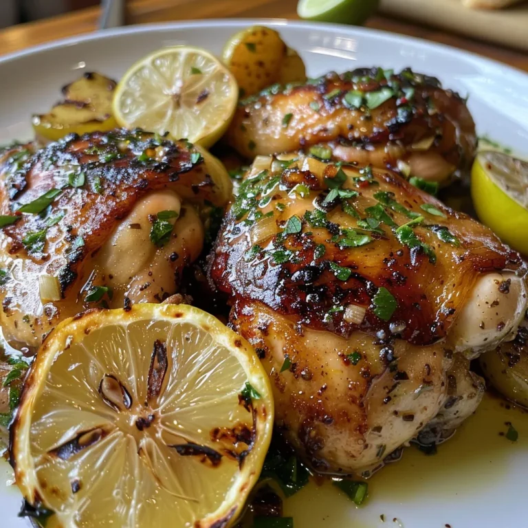 Frango assado dourado com limão-siciliano e ervas, em um prato.