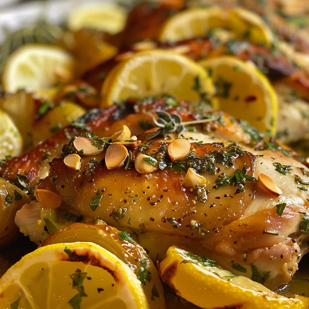 Close-up de frango assado com limão e ervas frescas, em apresentação apetitosa.