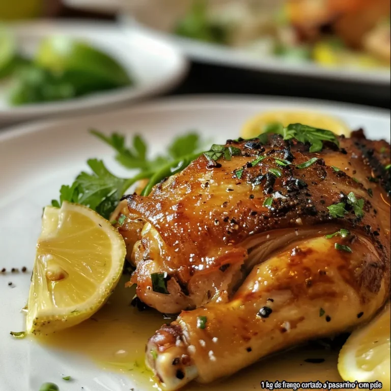 Frango assado inteiro com limão siciliano e ervas, apresentado em um prato rústico.