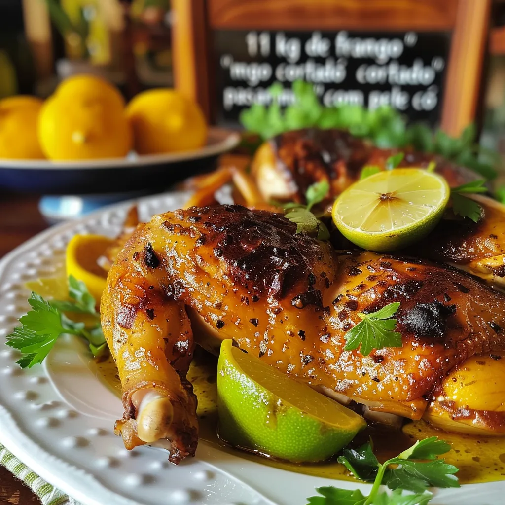 Close-up de frango grelhado, decorado com rodelas de limão e raminhos de ervas frescas.