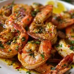 Close-up de gambas assadas com alho, apresentando um brilho suculento.