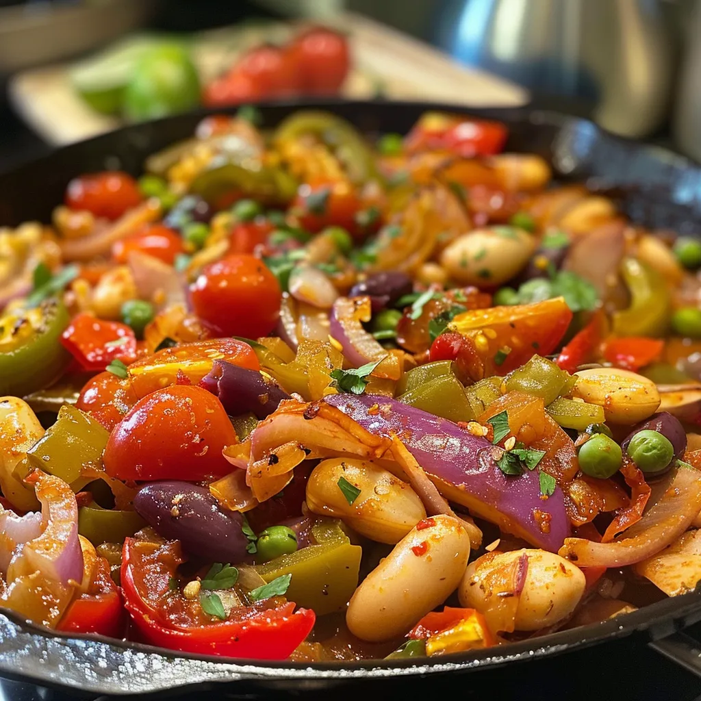 Side view of a platter of baked legumes with vibrant colors and herbs.