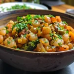 Close-up de legumes salteados no azeite, mostrando cores vibrantes e texturas.