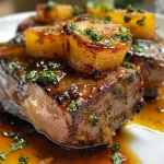 Close-up side view of Lombo Dourado com Abacaxi, showcasing juicy pork loin with pineapple slices.