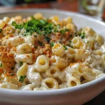 Close-up of creamy Macarrão ao molho branco with fresh herbs.