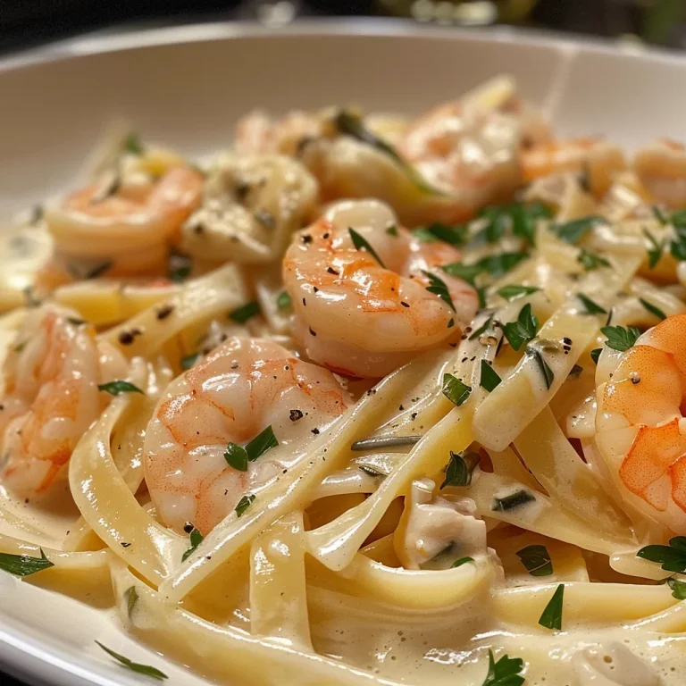 Close-up of a plate of Macarrão com Camarão ao Alho e Ervas, showcasing shrimp and herbs.