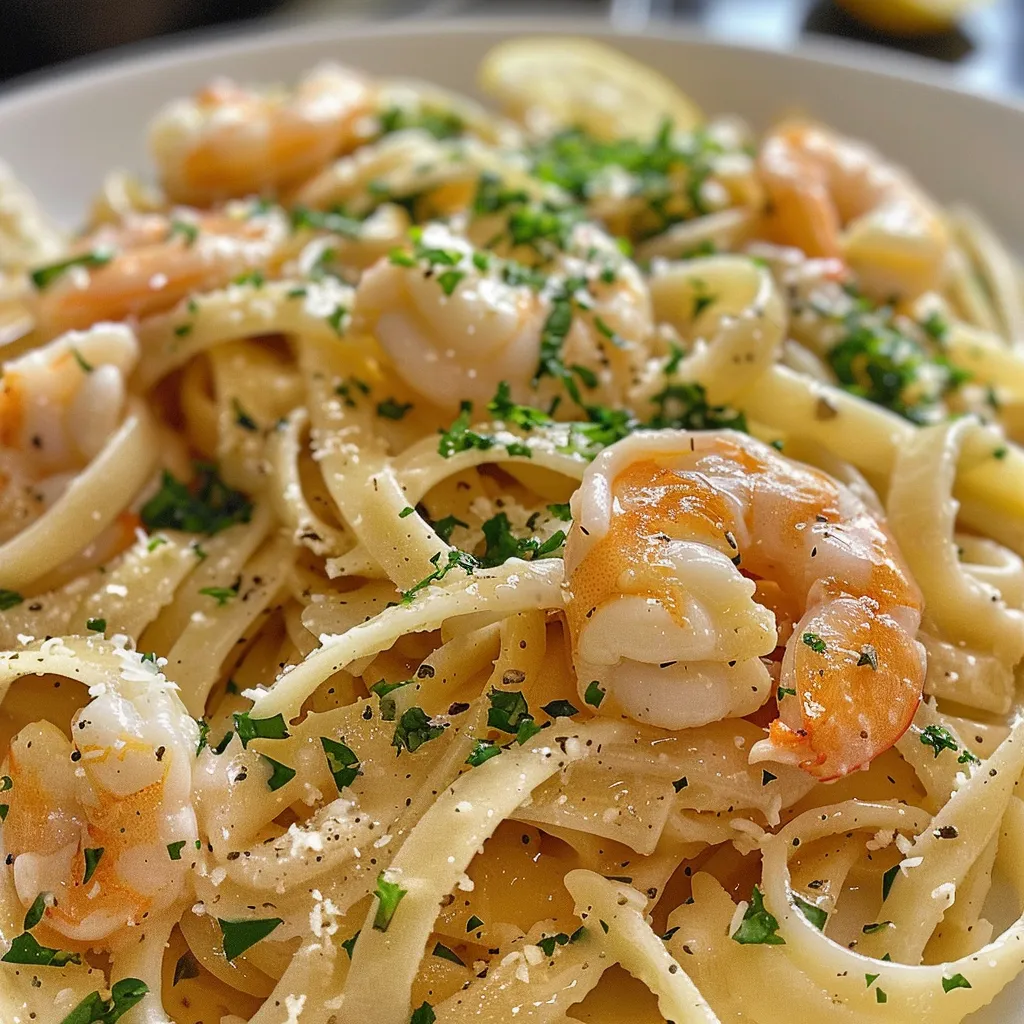 Side view of Macarrão com Camarão, featuring pasta tossed with garlic and herbs.