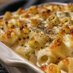 Close-up de macarrão com iogurte e queijo, com textura cremosa.