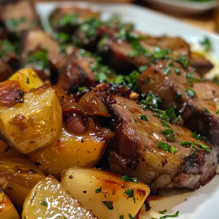 Maminha assada suculenta com batatas e cebola dispostas em um prato de forma apetitosa.