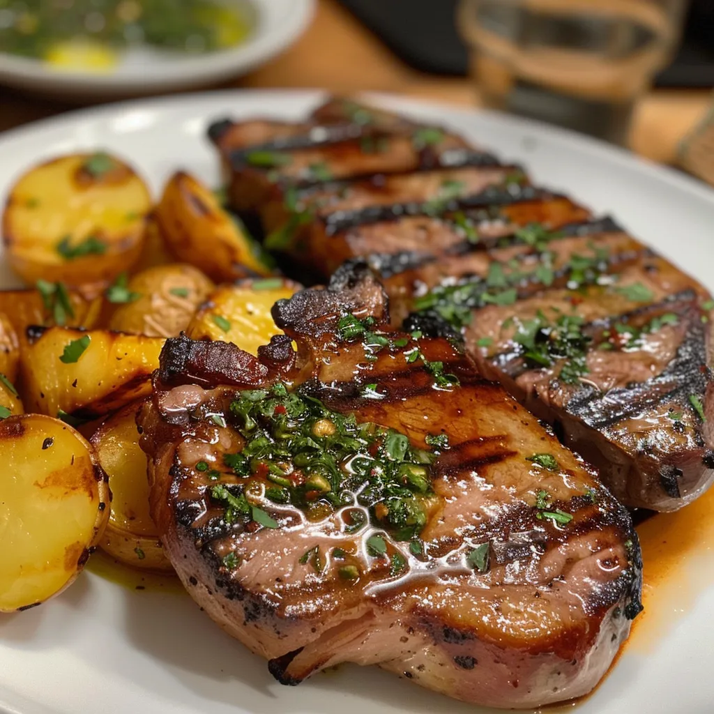 Close-up de uma porção de maminha assada com batatas, mostrando a textura suculenta da carne.