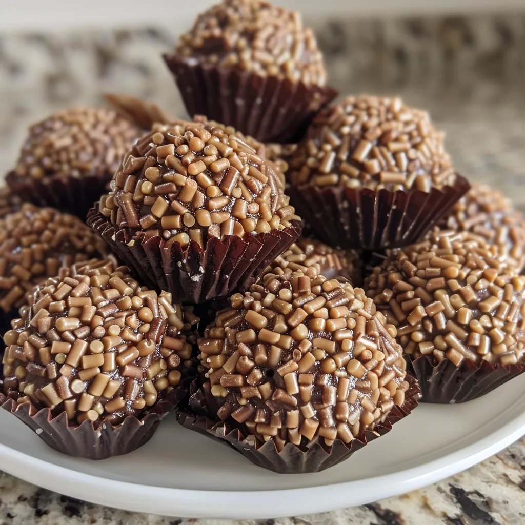Side angle of a rich chocolate brigadeiro covered in cocoa powder.