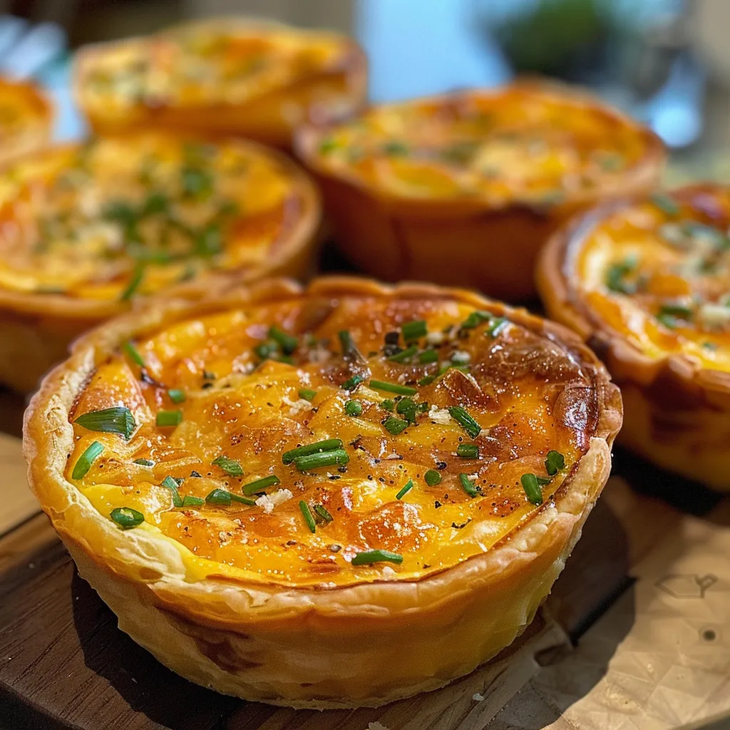 Close-up de uma mini quiche de alho-poró, com a crosta dourada.