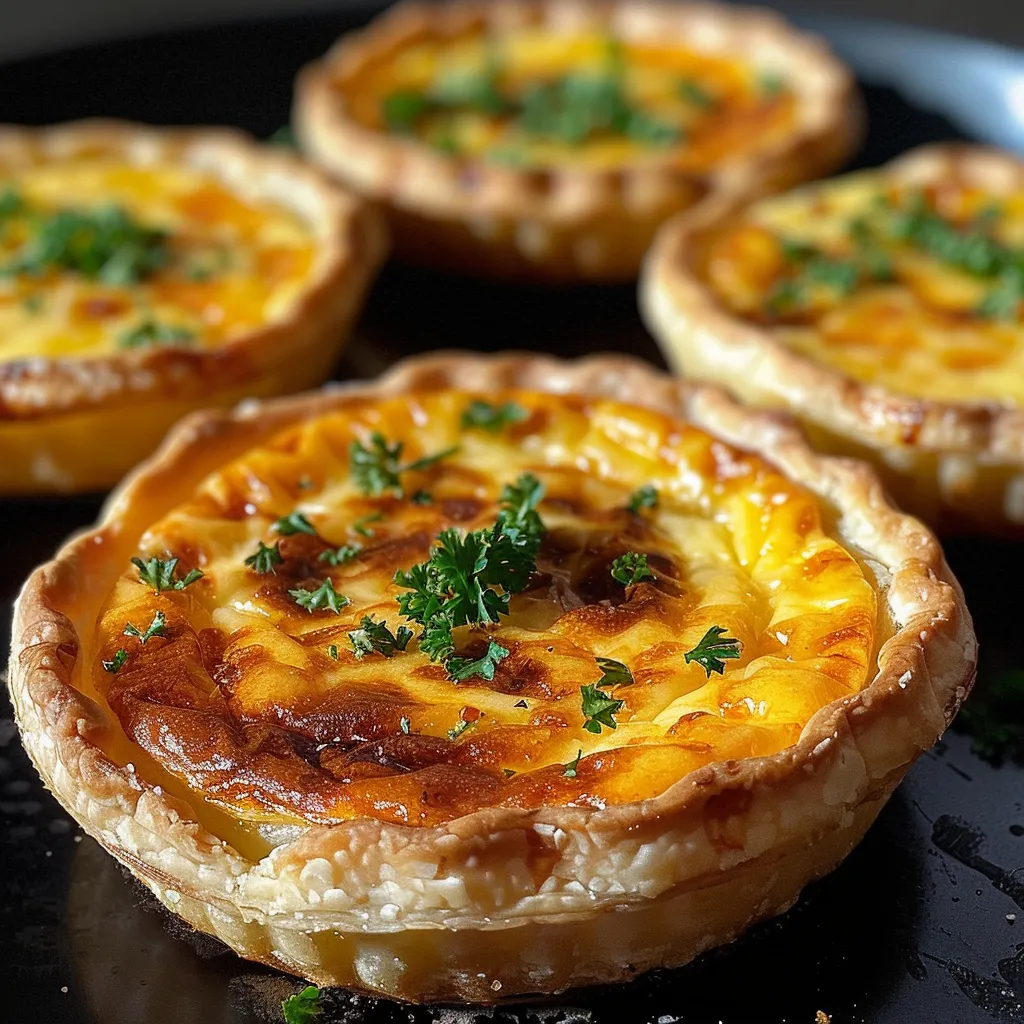 Vista lateral de mini quiches de queijo, exibindo sua textura suculenta e ingredientes.