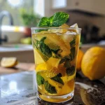 Um copo de mocktail de limão e hortelã, com folhas frescas de hortelã em destaque.