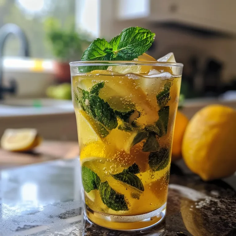Um copo de mocktail de limão e hortelã, com folhas frescas de hortelã em destaque.