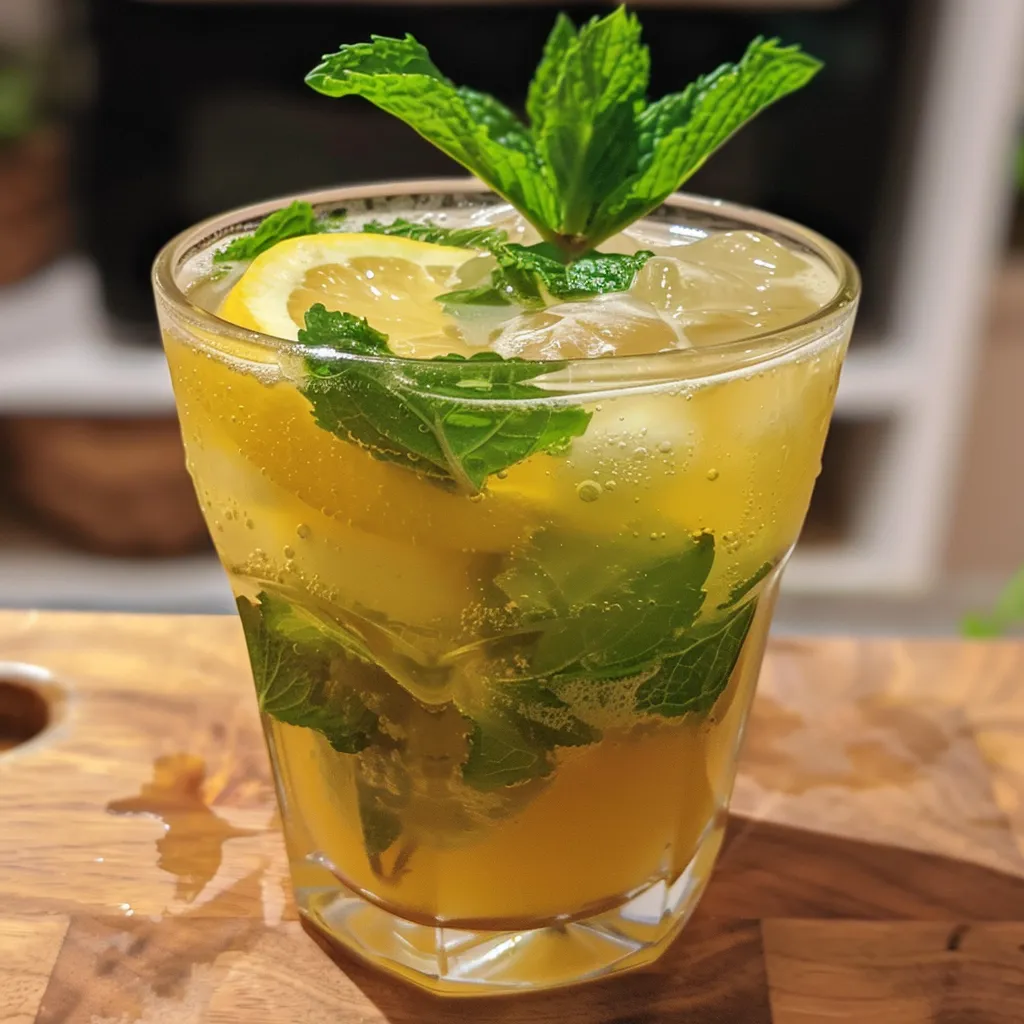 Close-up de uma bebida refrescante de limão e hortelã em um copo alto com gelo.