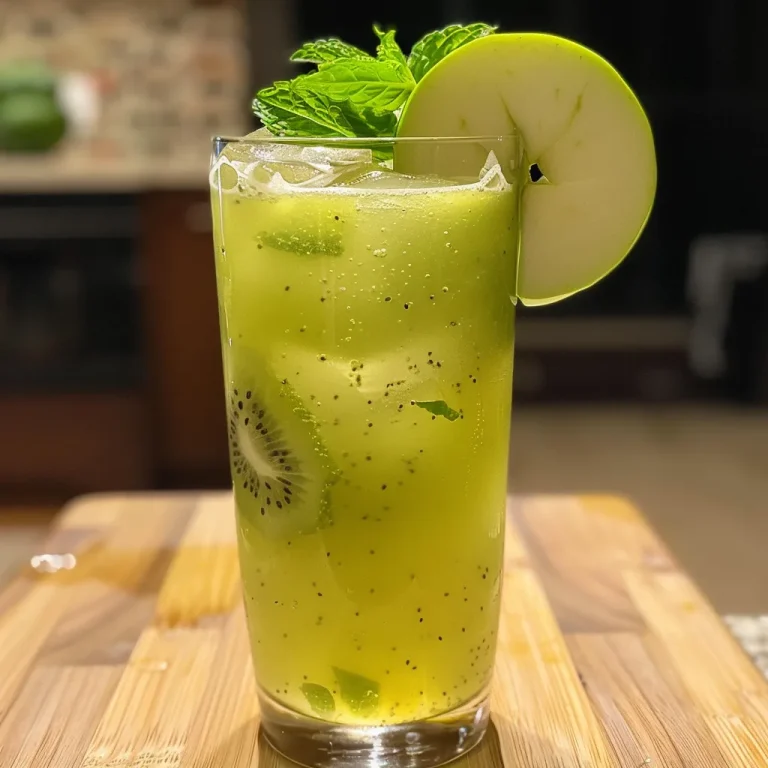 Close-up side view of a vibrant green mocktail in a glass.