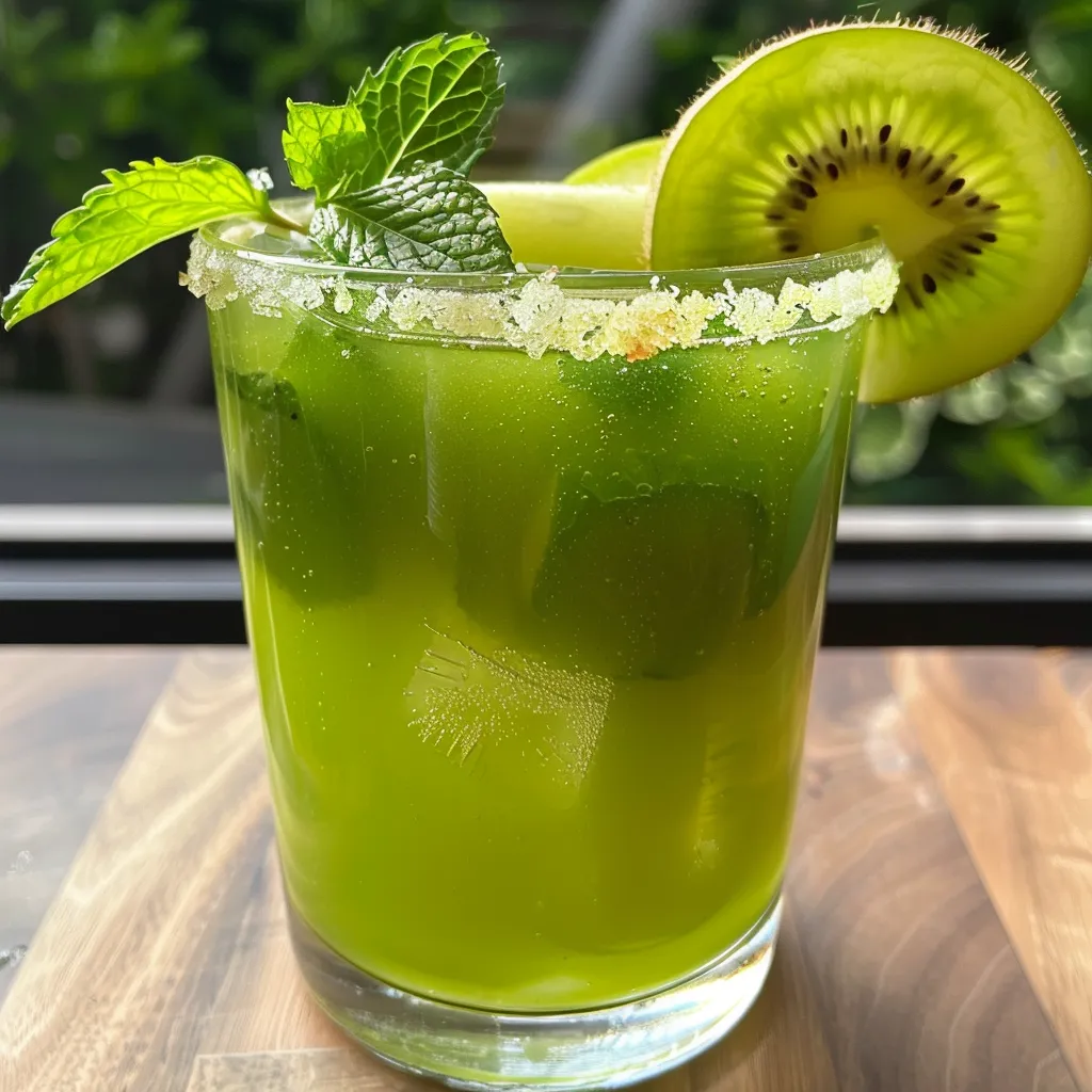 Refreshing green mocktail with mint garnish and apple slice.