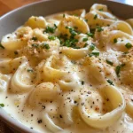 Close-up photo of creamy Molho Alfredo with a rich texture.