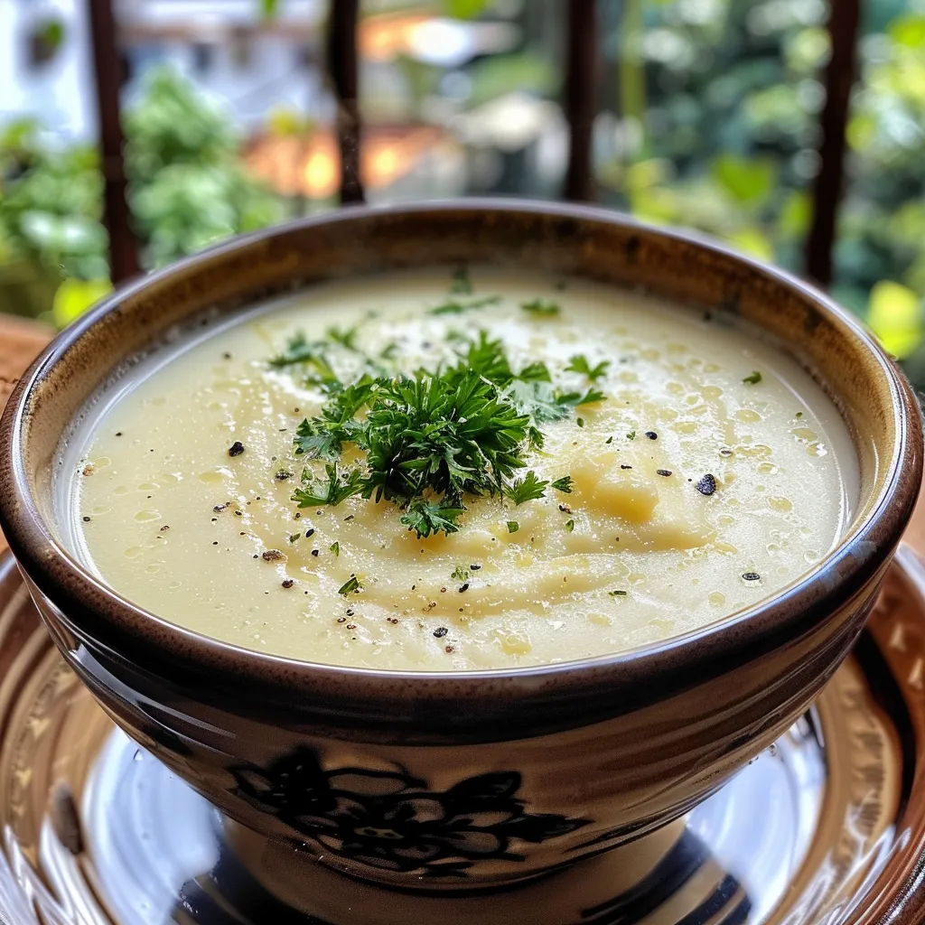 Side view of a rich white sauce with visible onions.