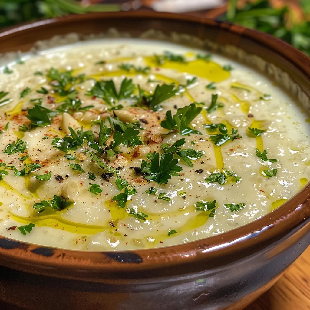 Close-up de molho de iogurte grego com alho e limão, servido em um prato.