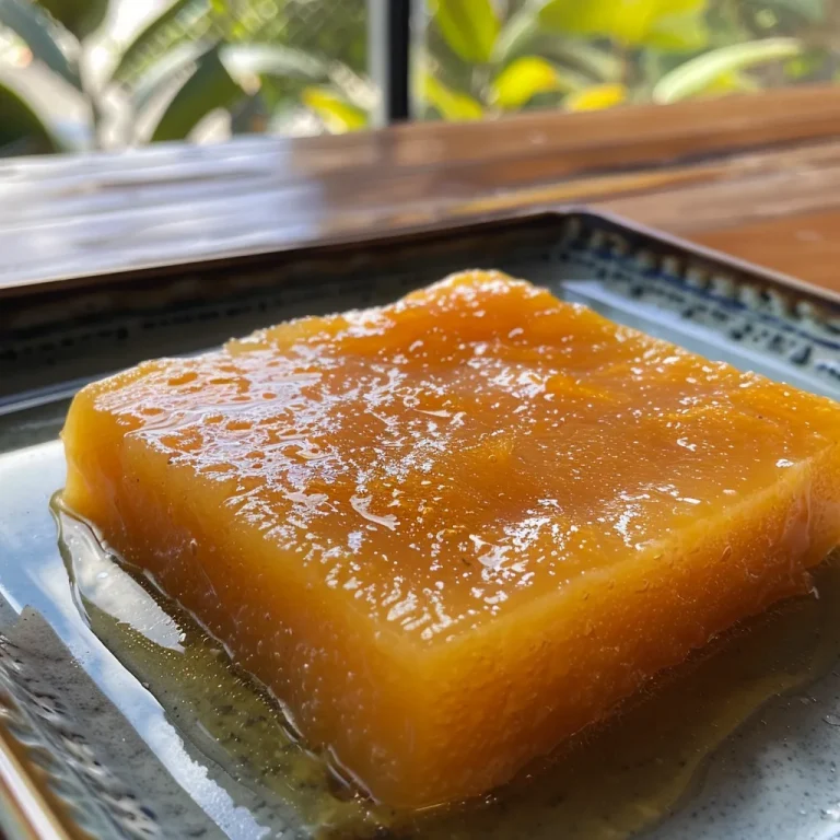 Close-up of a vibrant mango and honey dressing in a glass jar, garnished with mint leaves.