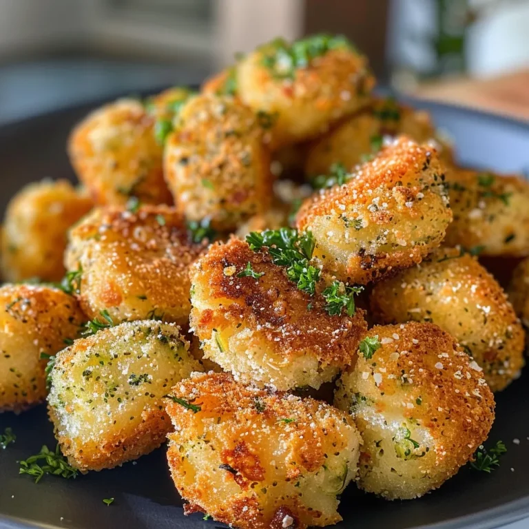 Nuggets veganos de brócolis e batata, empanados e fritos, exibindo uma textura crocante.